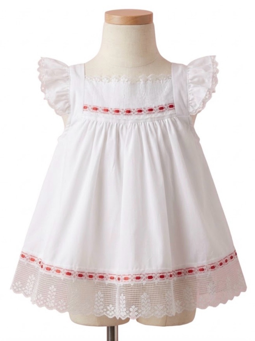 White Cotton Baby Dress with Pink Ribbon Trim